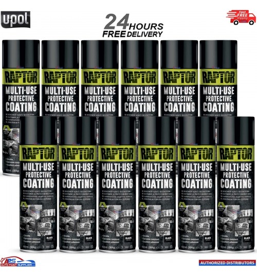 12x UPOL RAPTOR 1K MULTI-USE RMUB/AL PROTECTIVE COATING AEROSOL 450ML - BLACK